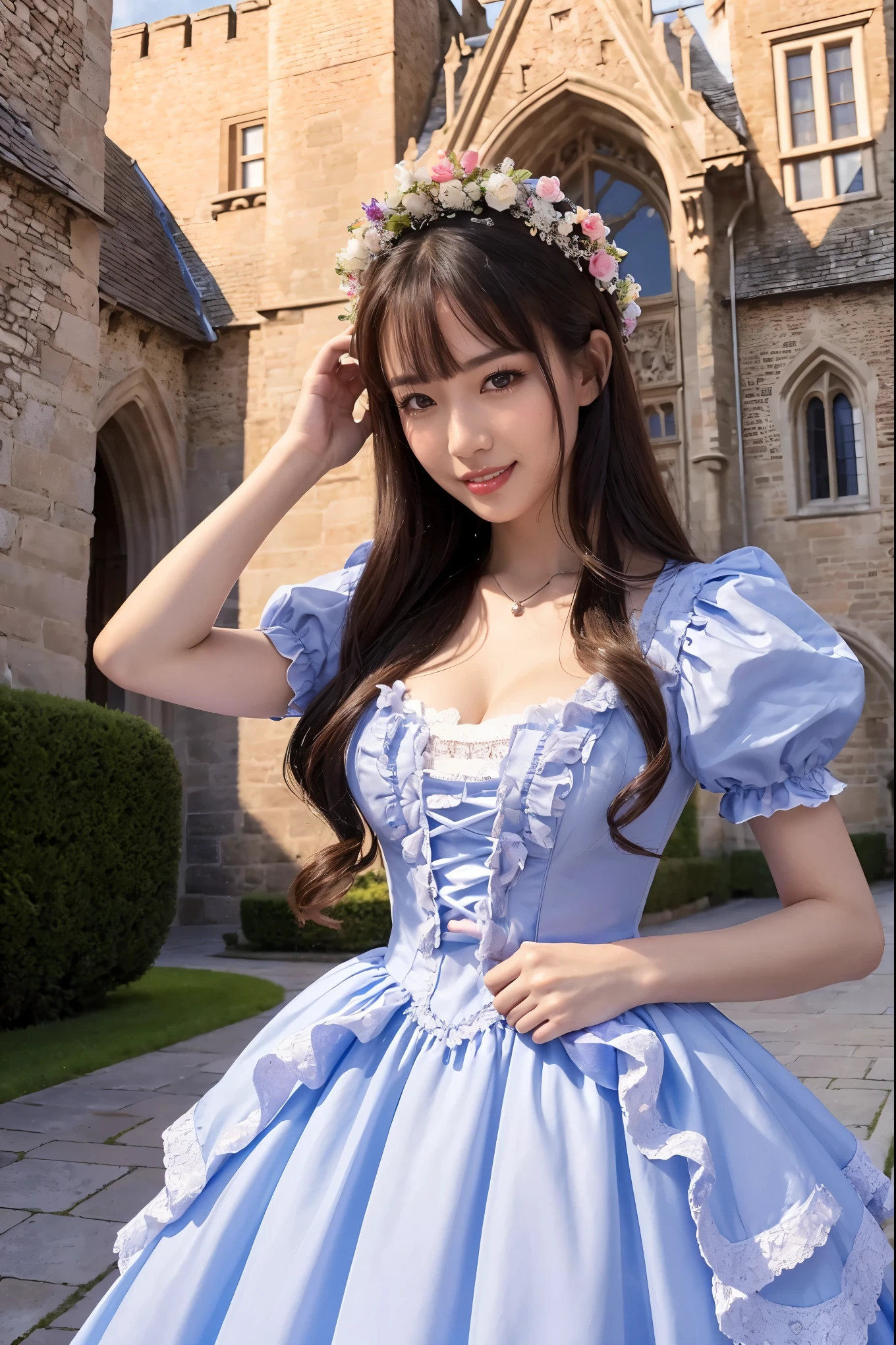 (highest quality、masterpiece、Ultra-high resolution、The most complex and detailed depiction、Awards、8k)、(A top-down photo of a beautiful maid:1.2)、(Gorgeous top-class maid dress、the most gorgeous maid outfit、Frilled maid outfit and large apron)、(The background is a castle and a flower garden:1.1)、(The most magnificent castle facade of medieval Europe:1.2)、(The exterior of the castle is exquisitely crafted:1.1)、(The castle&#39;s huge and imposing exterior:1.2)、Beautiful flower field、(Colorful and bright flower fields:1.3)、Stroll through the flower fields、Walking surrounded by flowers、Highly intricate and detailed background、Highly intricate and detailed textures、Very intricate and detailed hairstyle、Accurate anatomy、Accentuate your body lines、Big and ample breasts、Beautiful cleavage with a nice shape、Look at me and smile、Ultra-high resolutionの顔、Ultra HD Hair、Ultra HD glossy skin、(Ultra-high resolutionの完璧な歯:1.1)、Ultra-high resolutionの目、(Very bright and beautiful skin:1.1)、(very bright and vivid:1.1)、Blurred Background