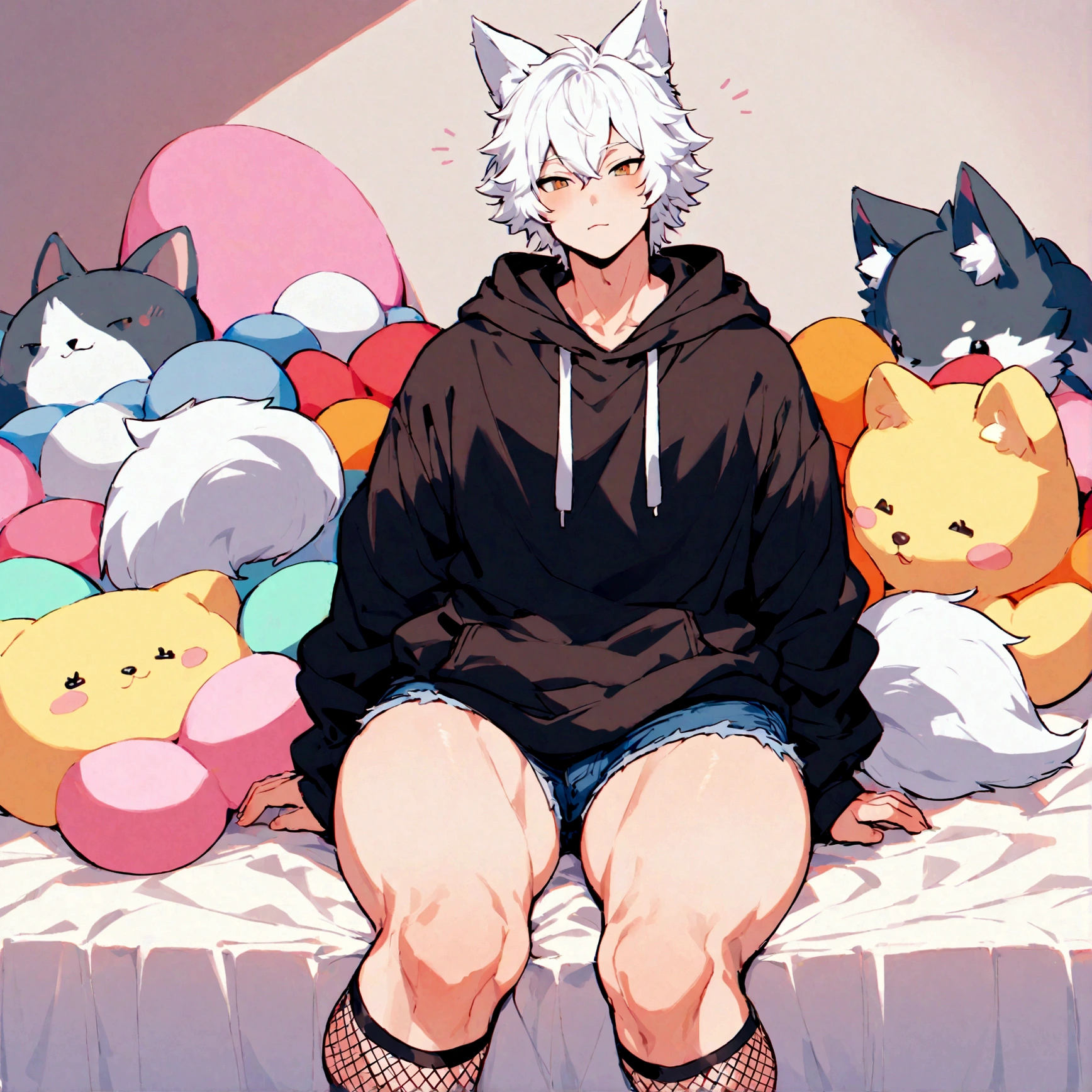 a cute male with wolf ears, white hair, a wolf tail, wearing a loose cropped oversized black hoodie, wearing a pair of denim short shorts and fishnet stockings, has black cute paw socks on, thick thighs, wide hips, relaxing on bed surrounded by cute plushies, short, 