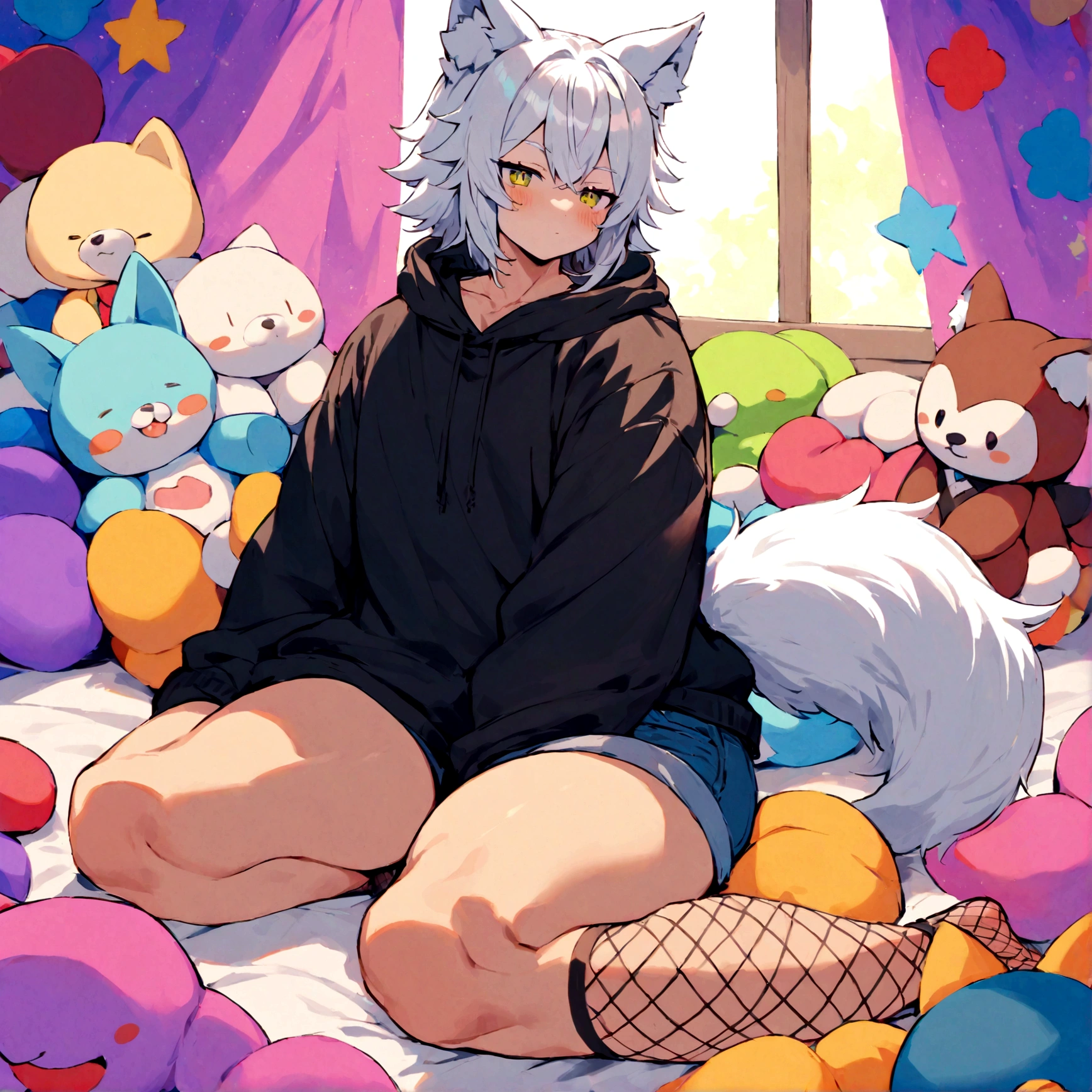 a cute male with wolf ears, white hair, a wolf tail, wearing a loose cropped oversized black hoodie, wearing a pair of denim short shorts and fishnet stockings, has black cute paw socks on, thick thighs, wide hips, relaxing on bed surrounded by cute plushies, short,