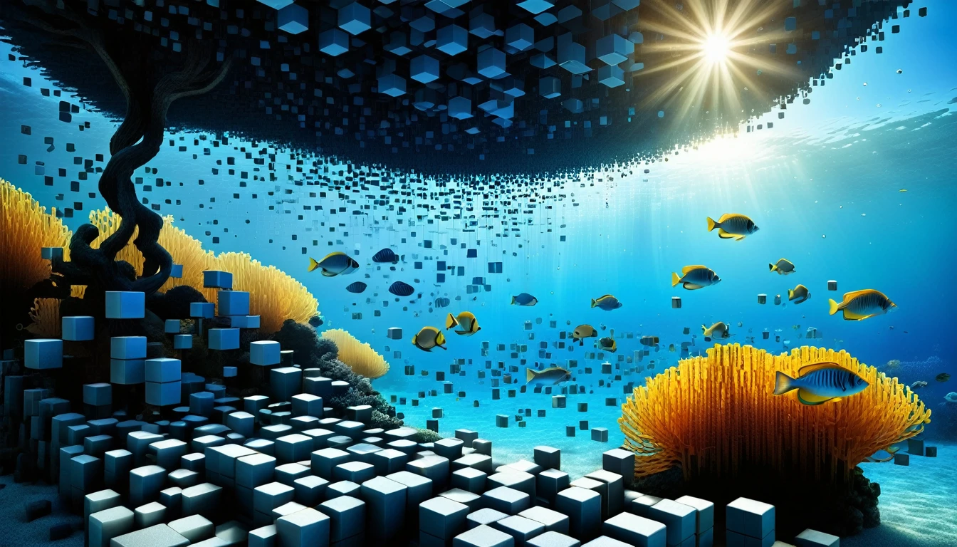 A fascinating sea filled with fish and enveloped in fantastic light, Many floating RAL-3D cubes