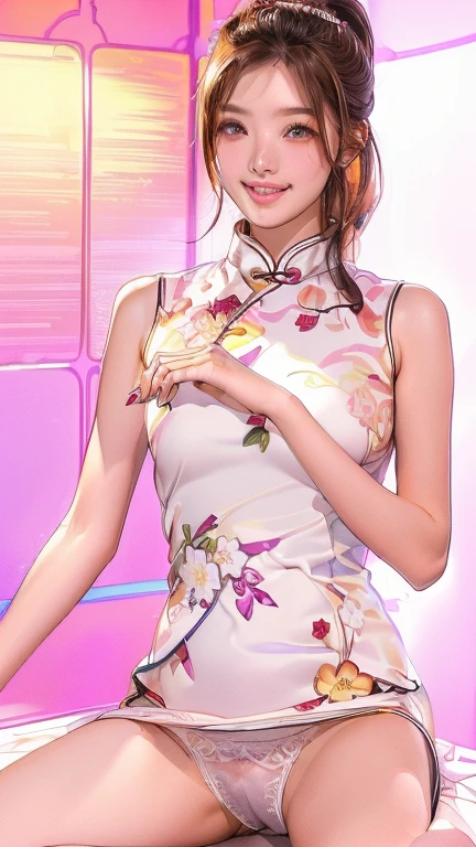 (highest quality、8k、masterpiece、White panties、Hmph:1.2)、19-year-old slender beauty, Flashy makeup using red eyeshadow, smiling、Yōho、double eyelid, Delicate medium cut ponytail, squat、Spread your legs, show white panties, Her white panties are clearly visible、Sexy Chinese dress and silk mini skirt, The best smile, She is wearing a sexy short colorful cheongsam。。, Cheongsam with deep slit, Draw hands correctly, The background is the bright interior of a Chinese restaurant.