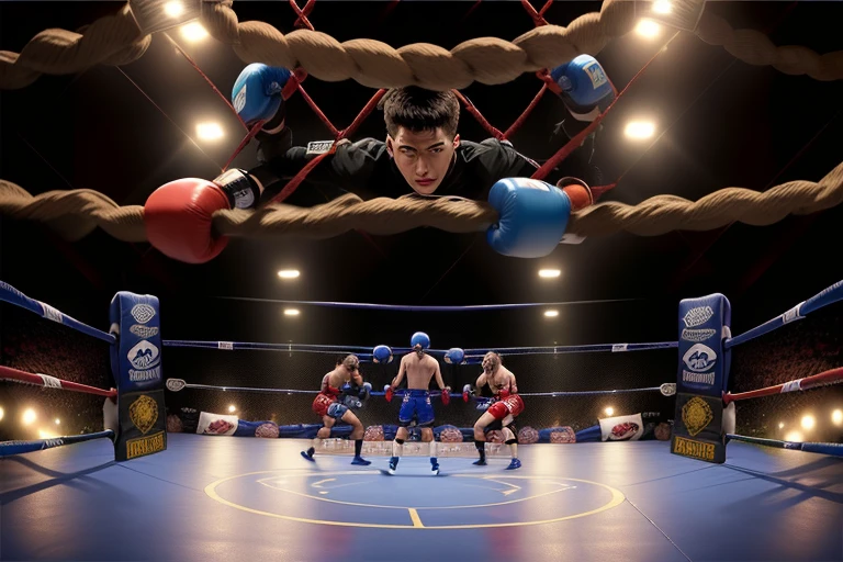 boxe ring with lights and ropes, boxe ring, fond d'arène, Ring de boxe avec le sol blanc et les coins bleus, scene background, toile de fond Madison Square Garden, écran centrale au dessus du ring comme au madison square garden in a boxe ring, boxe, boxe match, scene, projecteur, barre d'background, spot et projecteur au plafond fond dramatique, atmospheric perspective, glowing light, 8k, super detail, best quality, masterpiece