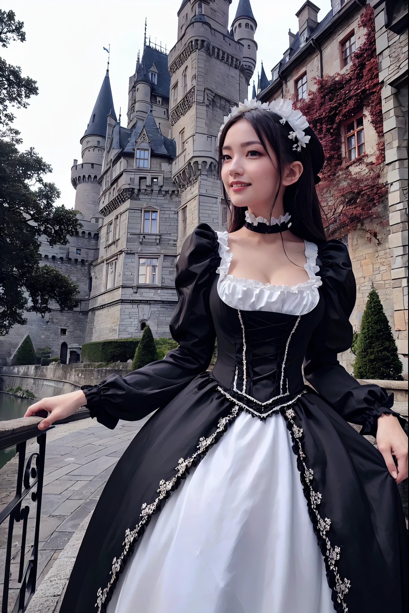 (highest quality、masterpiece、Ultra-high resolution、The most complex and detailed depiction、Awards、8k)、(1. Beautiful maid)、(Gorgeous Victorian Black and White Maid Dress、Black and white maid outfit、Frilled maid outfit and large apron)、(The background is a castle and a flower garden:1.1)、(The most magnificent castle facade of medieval Europe:1.2)、(The exterior of the castle is exquisitely crafted:1.1)、(The castle's huge and imposing exterior:1.2)、Beautiful flower garden、Colorful and bright flower fields、Stroll through the flower fields、Walking surrounded by flowers、Highly intricate and detailed background、Highly intricate and detailed textures、Very intricate and detailed hairstyle、Accurate anatomy、Accentuate your body lines、Big and ample breasts、Beautiful cleavage with a nice shape、Look at me and smile、Ultra-high resolutionの顔、Ultra HD Hair、Ultra HD glossy skin、(Ultra-high resolutionの完璧な歯:1.1)、Ultra-high resolutionの目、(Very bright and beautiful skin:1.1)、(very bright and vivid:1.1)、Blurred Background