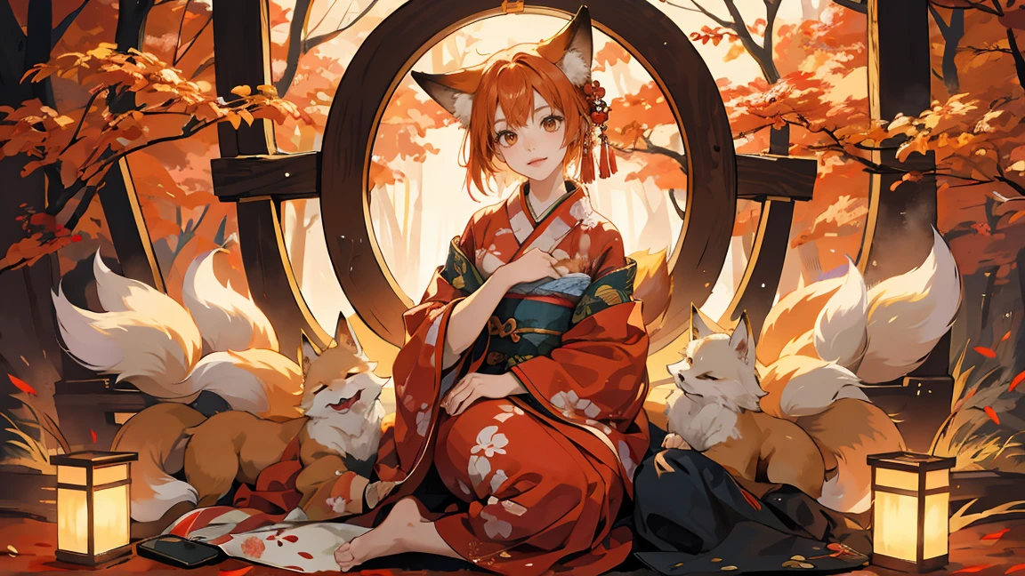 An anthropomorphic fox character with multiple tails, wearing traditional Japanese clothing (kimono), sitting gracefully. The background features a torii gate surrounded by a slightly dark and mystical forest, creating a cinematic atmosphere similar to a movie poster. Use a mix of warm and muted colors to enhance the mysterious and magical feel. Ensure the scene has a sense of depth and detail, with the fox character as the focal point.
