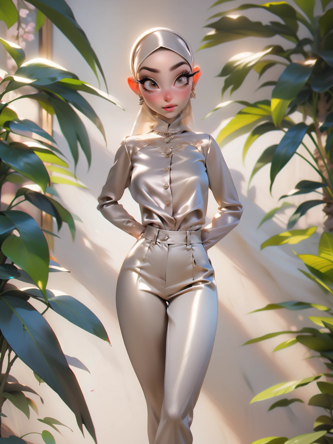 3DMM, ((Masterpiece, best quality, photography)), detailed skin, realistic, photo-realistic, 8k, highly detailed, full length frame, High detail RAW color art, diffused soft lighting, shallow depth of field, sharp focus, hyperrealism, cinematic lighting, hijab, a woman beautifully makeup, bold eyeshadow, beautiful big eyes, Brown eyes, long eye lashes, chubby, wearing ((beige satin hijab), ((gray satin shirt)), ((satin long trousers)), standing, under tree, sakura garden