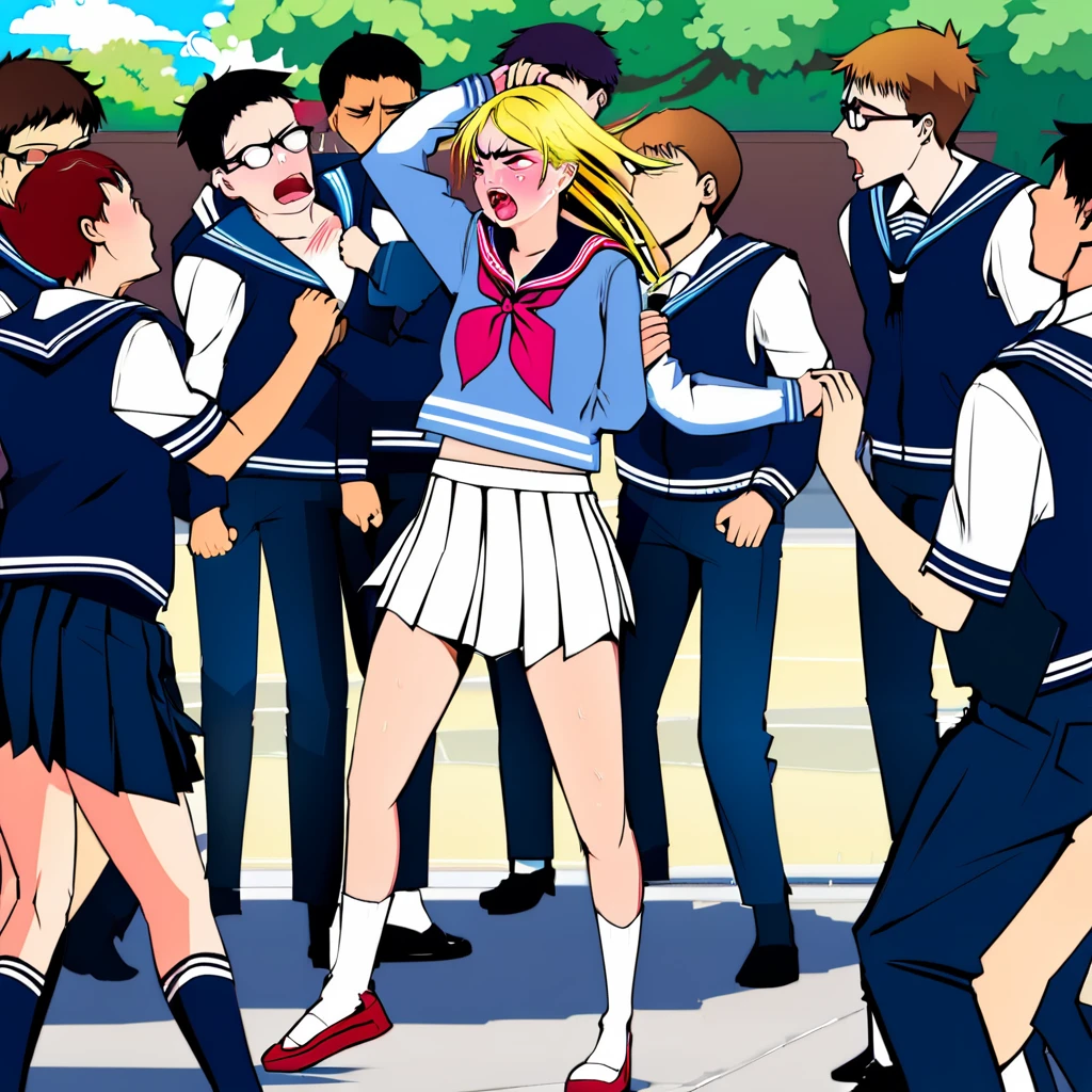 In high school a group of students are circled around a fight, a tough mean girl in a sailor outfit is bullying a weak boy. She is doing awful things to embarrass him 