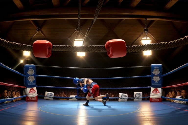 boxe ring with lights and ropes, boxe ring, fond d'arène, Ring de boxe avec le sol blanc et les coins bleus, scene background, toile de fond Madison Square Garden, écran centrale au dessus du ring comme au madison square garden in a boxe ring, boxe, boxe match, scene, projecteur, barre d'background, spot et projecteur au plafond fond dramatique, atmospheric perspective, glowing light, 8k, super detail, best quality, masterpiece