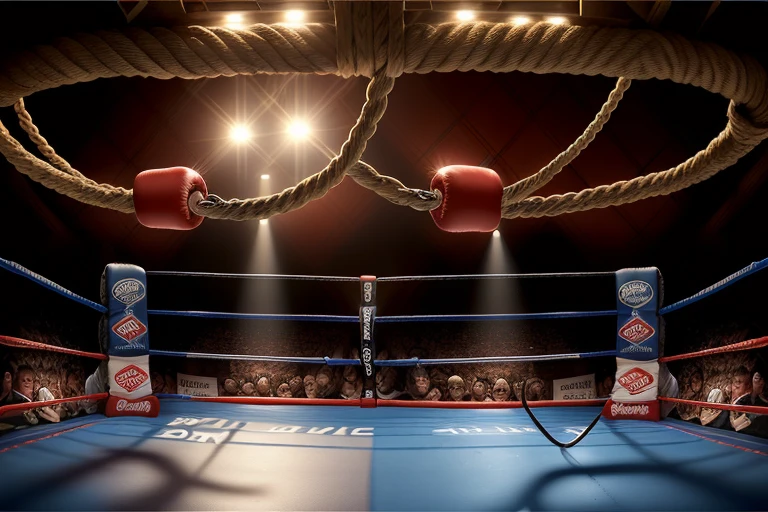 boxe ring with lights and ropes, boxe ring, fond d&#39;arène, Ring de boxe avec le sol blanc et les coins bleus, scene background, toile de fond Madison Square Garden, écran centrale au dessus du ring comme au madison square garden  in a boxe ring,  boxe, boxe match, scene,  projecteur, barre d&#39;background, spot et projecteur au plafond  fond dramatique, atmospheric perspective, glowing light, 8k, super detail, best quality, masterpiece