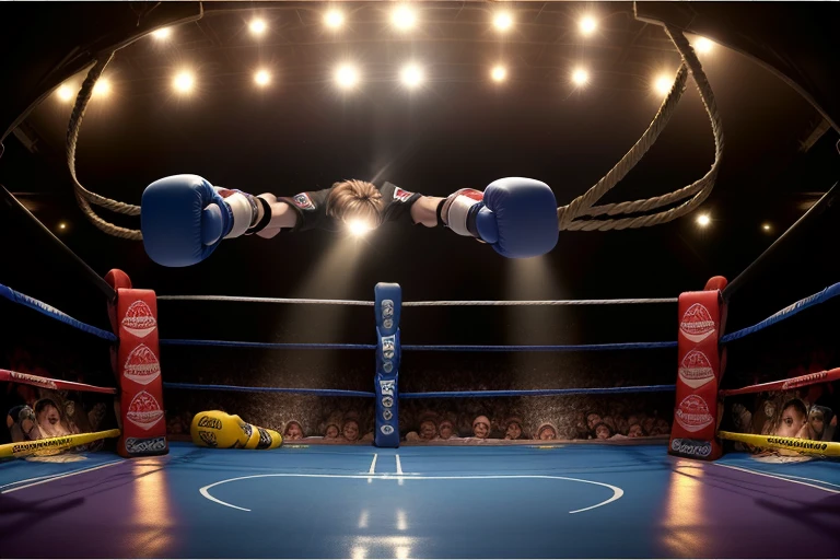 boxe ring with lights and ropes, boxe ring, fond d'arène, Ring de boxe avec le sol blanc et les coins bleus, scene background, toile de fond Madison Square Garden, écran centrale au dessus du ring comme au madison square garden in a boxe ring, boxe, boxe match, scene, projecteur, barre d'background, spot et projecteur au plafond fond dramatique, atmospheric perspective, glowing light, 8k, super detail, best quality, masterpiece