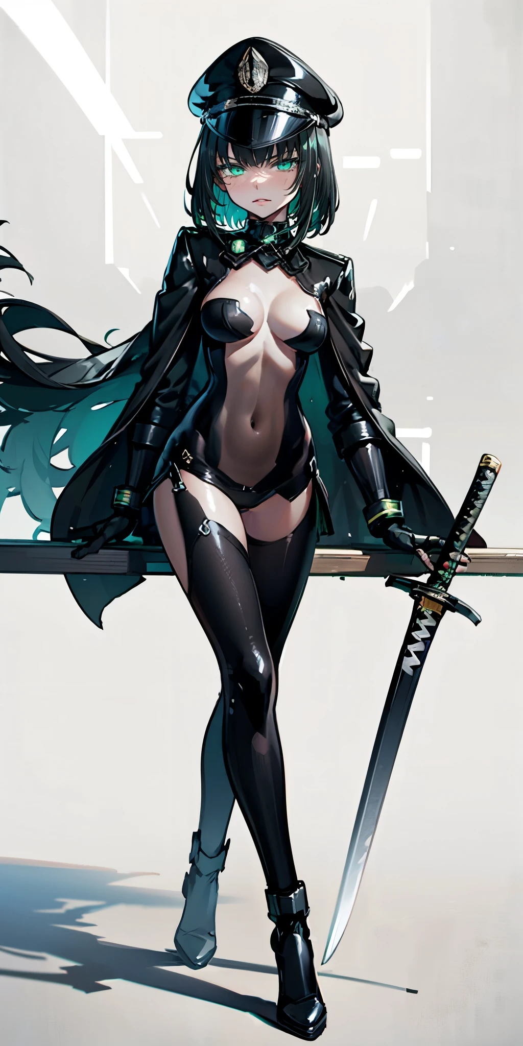 allmind, short hair, black hair, bangs, curvy, anatomical correct, outfit-blackgh, 1girl, solo, looking at viewer, full body, crossed legs, katana, sheath, peaked cap, sheathed, military hat, hollow eyes, green eyes, lips, cheek, expressionless, glaring eyes, upper teeth,