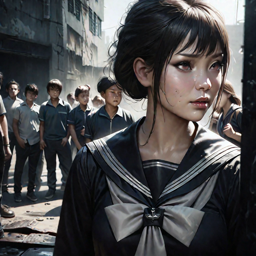 a high school girl in a sailor uniform, a group of students watching, a weak boy being bullied, the girl doing cruel things to embarrass him, detailed facial features, realistic, photorealistic, 4k, high resolution, cinematic lighting, dramatic atmosphere, muted color palette, gritty urban setting, dynamic composition, masterpiece, ultra-detailed