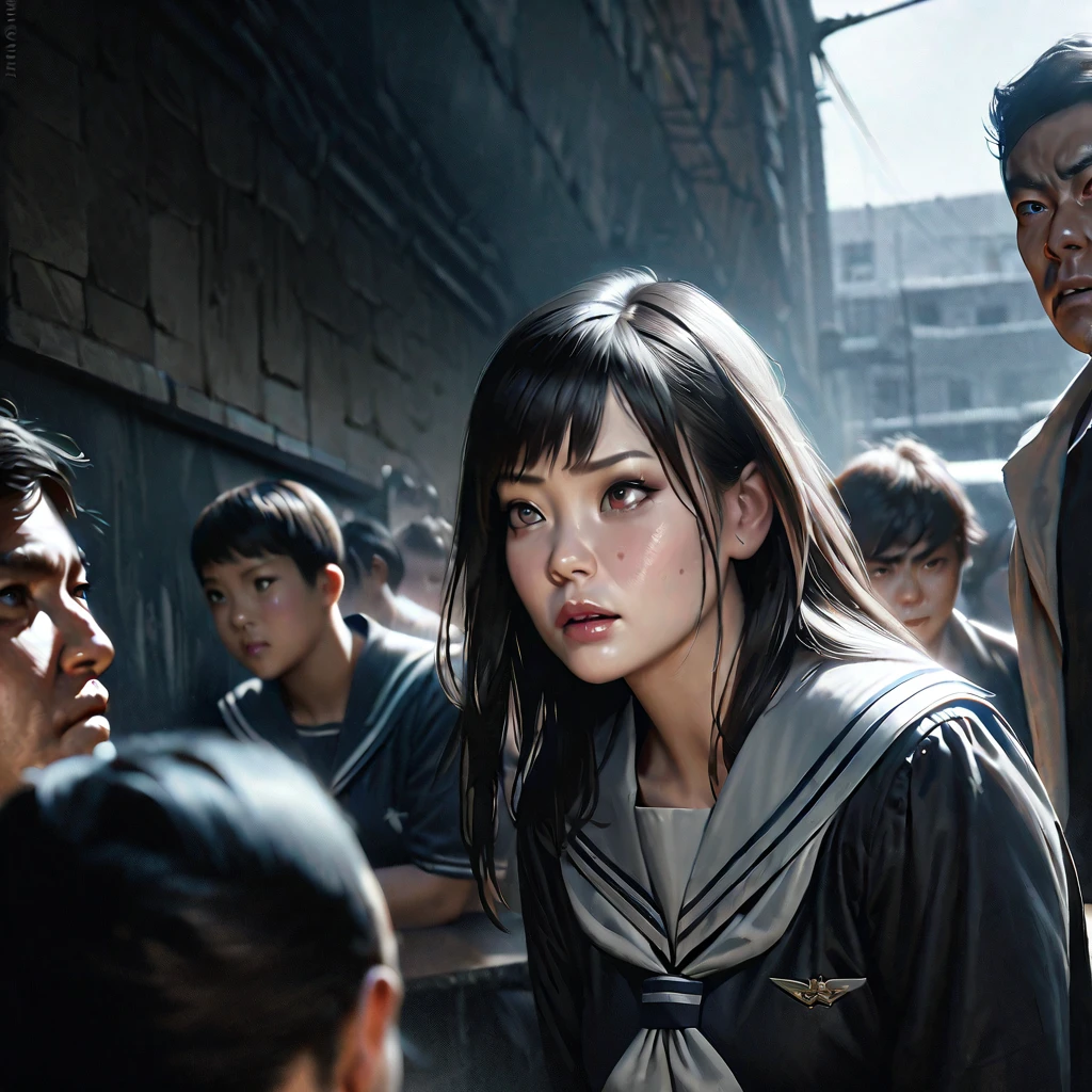 a high school girl in a sailor uniform, a group of students watching, a weak boy being bullied, the girl doing cruel things to embarrass him, detailed facial features, realistic, photorealistic, 4k, high resolution, cinematic lighting, dramatic atmosphere, muted color palette, gritty urban setting, dynamic composition, masterpiece, ultra-detailed