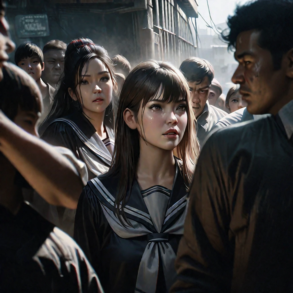 a high school girl in a sailor uniform, a group of students watching, a weak boy being bullied, the girl doing cruel things to embarrass him, detailed facial features, realistic, photorealistic, 4k, high resolution, cinematic lighting, dramatic atmosphere, muted color palette, gritty urban setting, dynamic composition, masterpiece, ultra-detailed