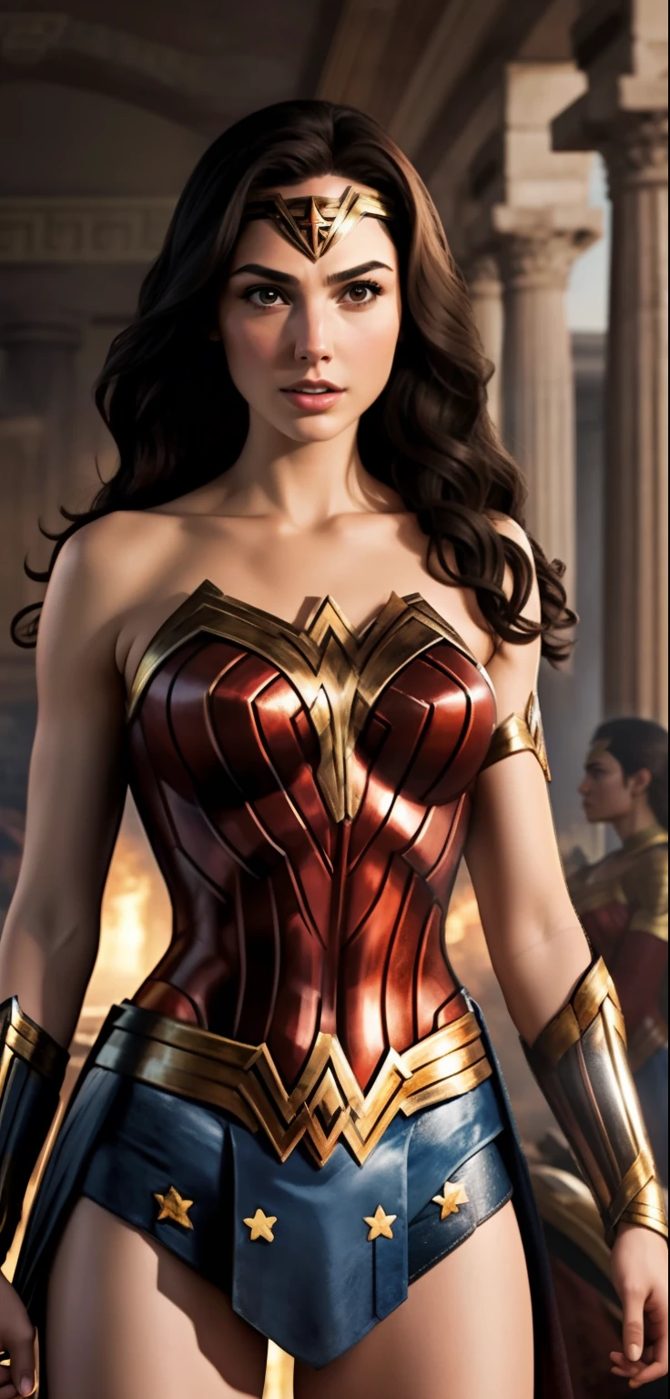 Gal Gadot as Wonder Woman standing in front of a temple full of Amazons