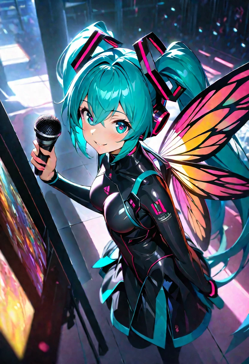 cute hatsune miku girl, beautiful detailed eyes, beautiful detailed lips, extremely detailed face and features, cyber-costume, fantastic color butterfly wings, flying, smiling, waving, holding microphone, dark live hall, audience, live monitor, fantastic lighting, shot from above, (best quality,4k,8k,highres,masterpiece:1.2),ultra-detailed,HDR,UHD,studio lighting,ultra-fine painting,sharp focus,physically-based rendering,extreme detail description,professional,vivid colors,bokeh,anime,sakura,colorful