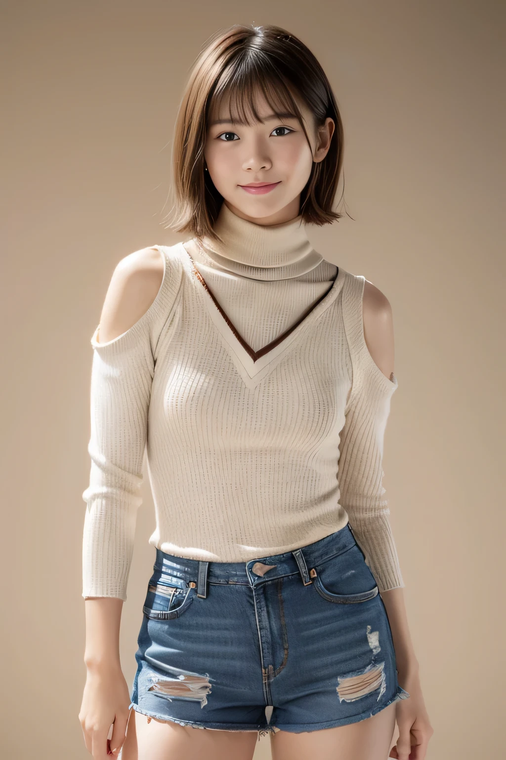 Enhanced Dynamic Perspective，Cute pretty beautiful girl、Brown shorthair with bangs、19 years old, teacher,  Flowing sweat, Narrow shoulders,((Mock neck top:1.3)), ((No sleeve))、(((Shorts)))、Leg spread:1.5, See through,Look at me and smile，Simple Background，Masterpieces，high quality，4K resolution，Ultra-fine，More about pubic hair，Acura，Cinema Lighting，Keep the original face proportions