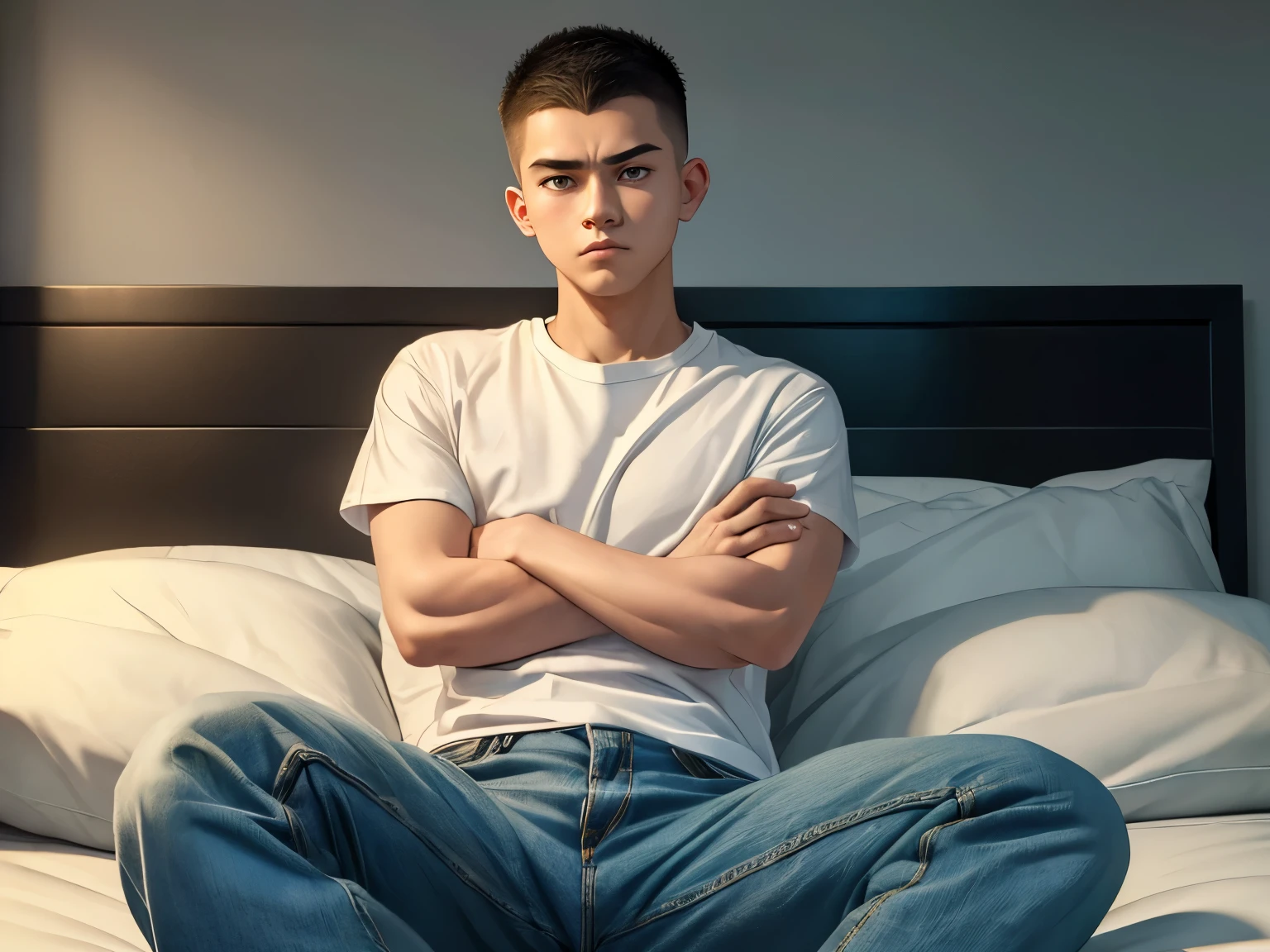 (highest quality:1.5), (masterpiece:1.5), (8k:1.5), (Bedroom:1:1), White T-shirt, jeans, Crew Cut, eye, Japanese, 20-year-old, Sitting on the bed, (Sulky look:1.1), Arms crossed, crose-up face