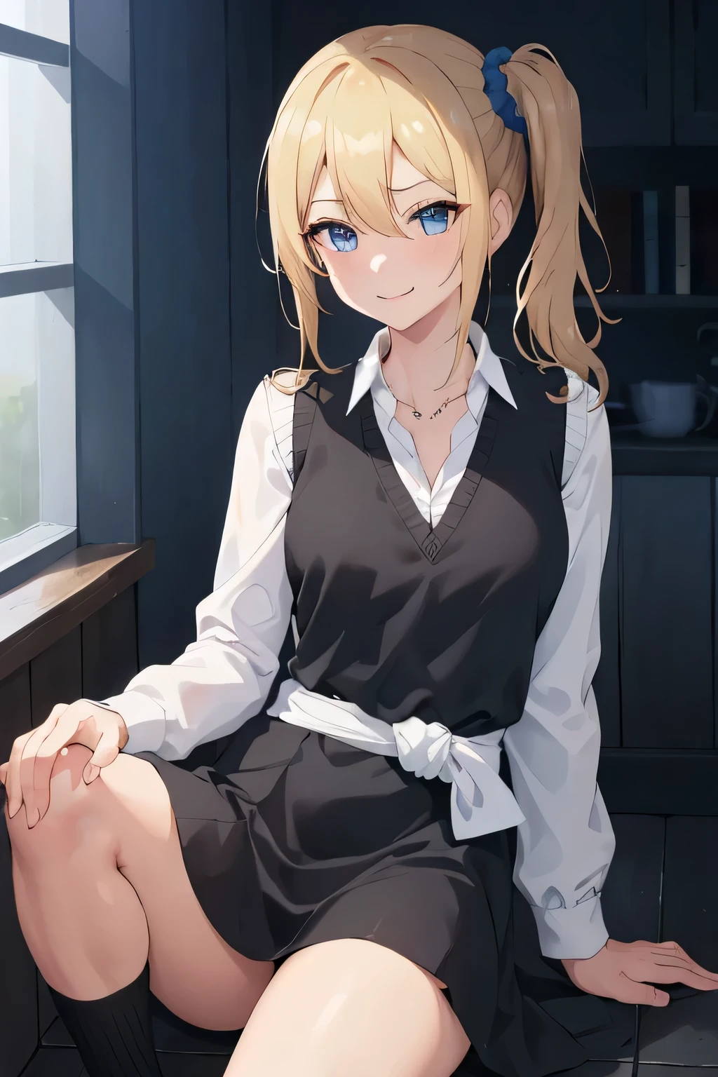 Masseter muscle area, highest quality, High resolution, One Girl, alone, hayasaka ai, smile,Blue Scrunchie, Side Ponytail, Hair between the eyes, blue eyes, Blonde Hair, hair ornaments, chest, , Collared shirt, Hair Scrunchie, Waist clothes, bangs, Black socks, Black vest, Long Hair, Long sleeve, cardigan, Side Lock, Knee-length, Dress shirt, necklace, clavicle, Black Dress, jewelry, sweater,