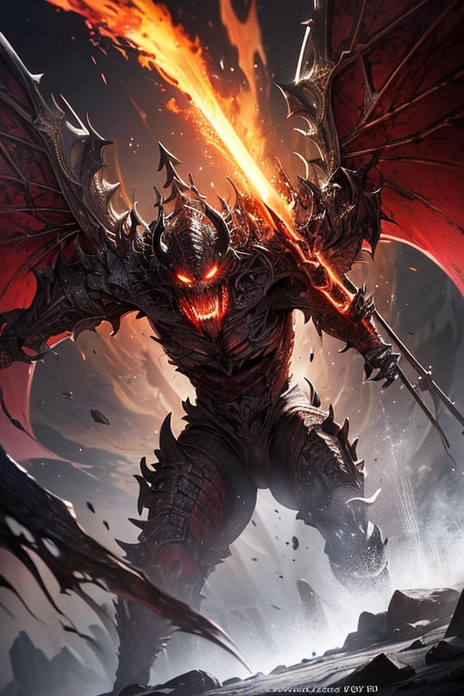 highly detailed demonic lord, evil demonic creature, reptilian humanoid, wielding a giant flaming sword, glowing red eyes, sharp fangs, horns, muscular body, dark aura, ominous background, dramatic lighting, dark fantasy, cinematic, hyper realistic, 8k, ultra-detailed, (best quality,4k,8k,highres,masterpiece:1.2),ultra-detailed,(realistic,photorealistic,photo-realistic:1.37),HDR,UHD,studio lighting,ultra-fine painting,sharp focus,physically-based rendering,extreme detail description,professional,vivid colors,bokeh