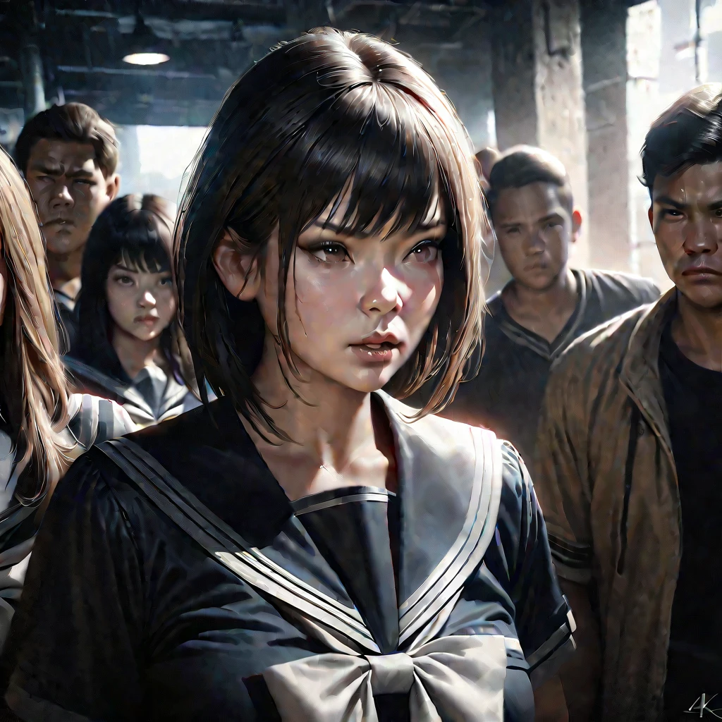 a high school girl in a sailor uniform, a group of students watching, a weak boy being bullied, the mean bully girl doing cruel things to embarrass him, detailed facial features, realistic, photorealistic, 4k, high resolution, cinematic lighting, dramatic atmosphere, muted color palette, gritty urban setting, dynamic composition, masterpiece, ultra-detailed