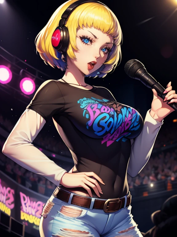 Constance,earrings ,lipstick, eye shadow, makeup, 1girl, solo, black t-shirt, white shirt, blue jeans, belt, lipstick, large breasts, layered sleeves, sexy pose, holding a microphone, singing, stage background, headphones