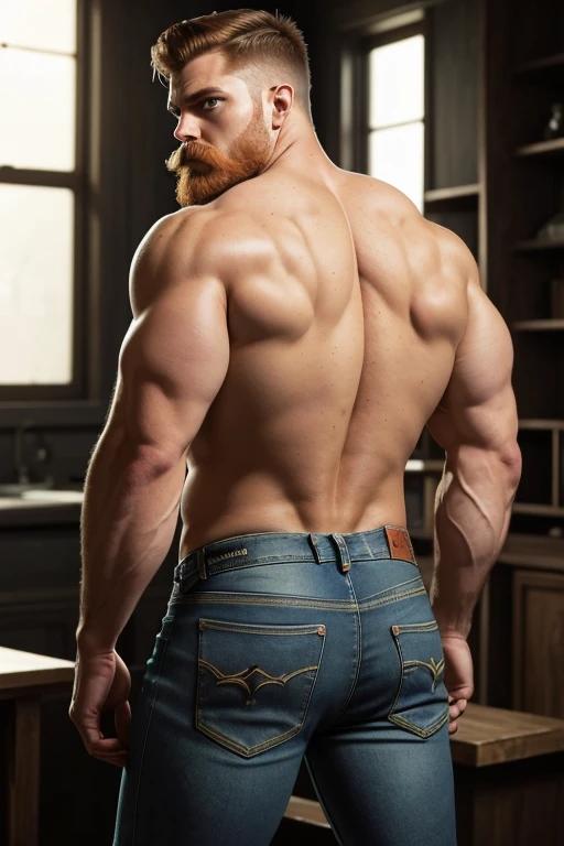 Masterpiece, Best Quality, Ultra-Detailed, muscular, bearded, thick mustache, imposing man [intense look], Intimidating presence, male figure,[imposing shadows],gritty realism, extreme detailed description, wide shoulders, green eyes, detailed eyes, brilliant eyes, handsome eyes, red hair, ginger hair, ginger beard, [chin stubble], imposing silhouette, bright colors, distinctive beard style, sharp focus, Unyielding pose, sense of authority, (((beige jeans))) (((big bulge) (((backside)))
