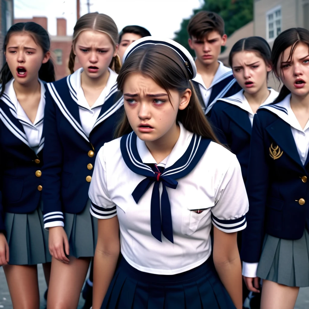 a high school girl in a sailor uniform, a group of students watching, a weak boy being bullied, the mean bully girl doing cruel things to embarrass him, detailed facial features, realistic, photorealistic, 4k, high resolution, cinematic lighting, dramatic atmosphere, muted color palette, gritty urban setting, dynamic composition, masterpiece, ultra-detailed