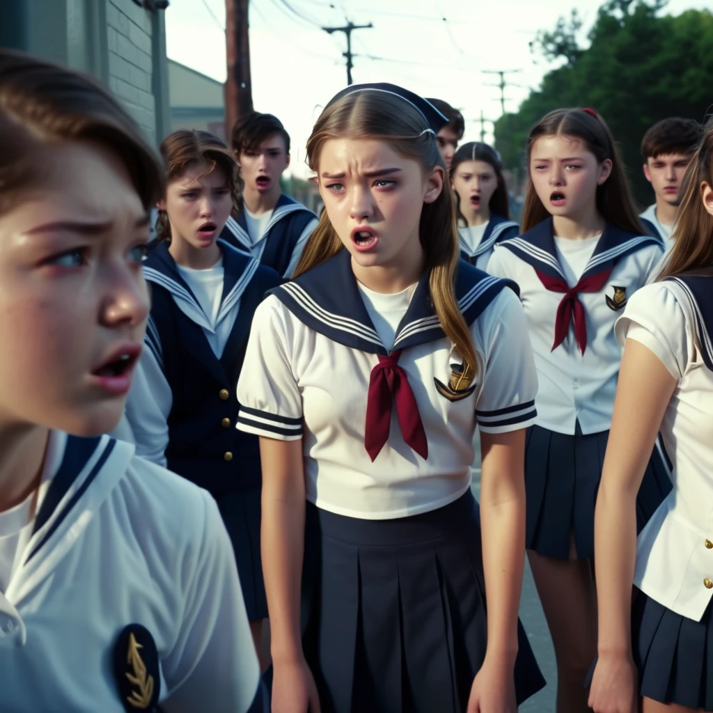 a high school girl in a sailor uniform, a group of students watching, a weak boy being bullied, the mean bully girl doing cruel things to embarrass him, detailed facial features, realistic, photorealistic, 4k, high resolution, cinematic lighting, dramatic atmosphere, muted color palette, gritty urban setting, dynamic composition, masterpiece, ultra-detailed