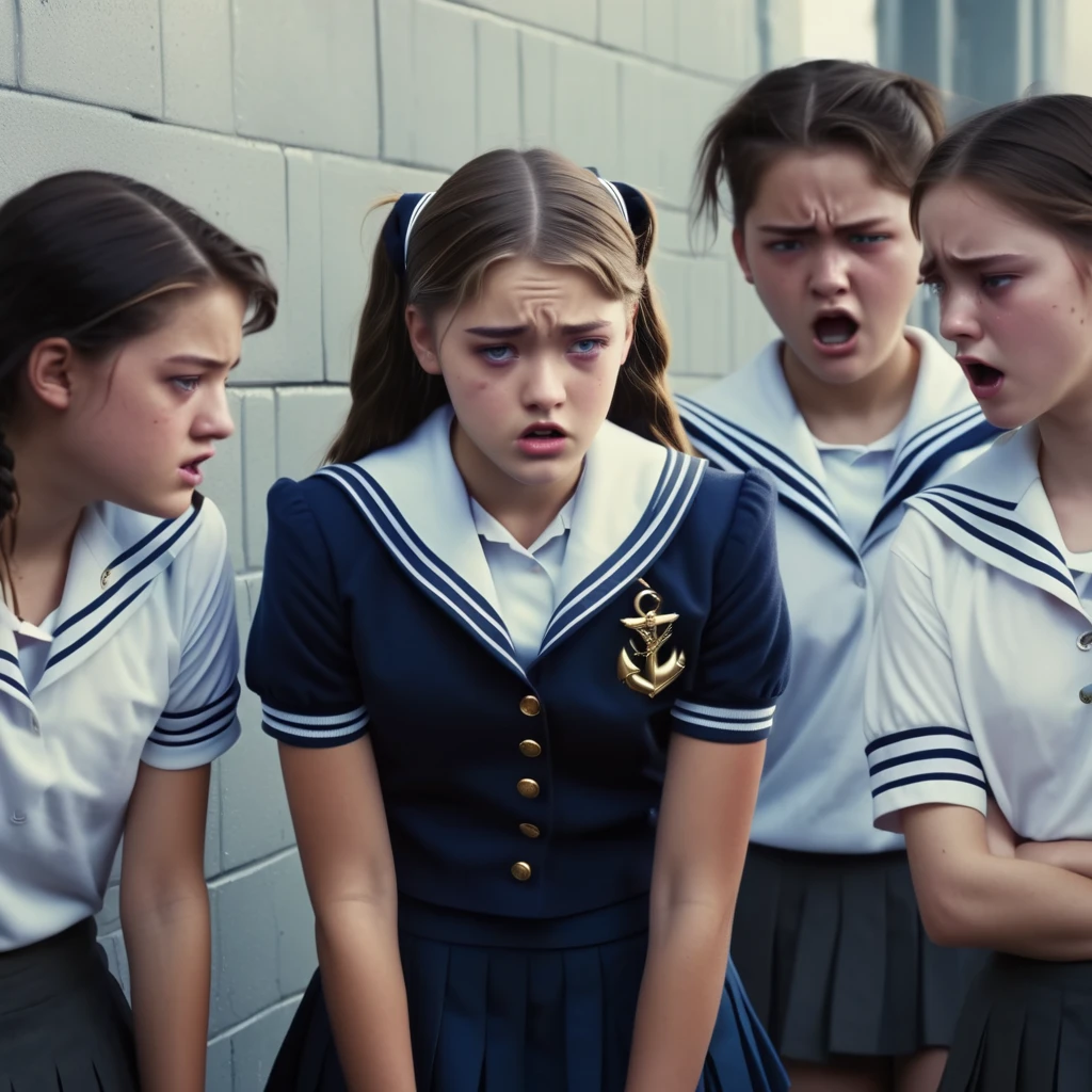 a high school girl in a sailor uniform, a group of students watching, a weak boy being bullied, the mean bully girl doing cruel things to embarrass him, detailed facial features, realistic, photorealistic, 4k, high resolution, cinematic lighting, dramatic atmosphere, muted color palette, gritty urban setting, dynamic composition, masterpiece, ultra-detailed
