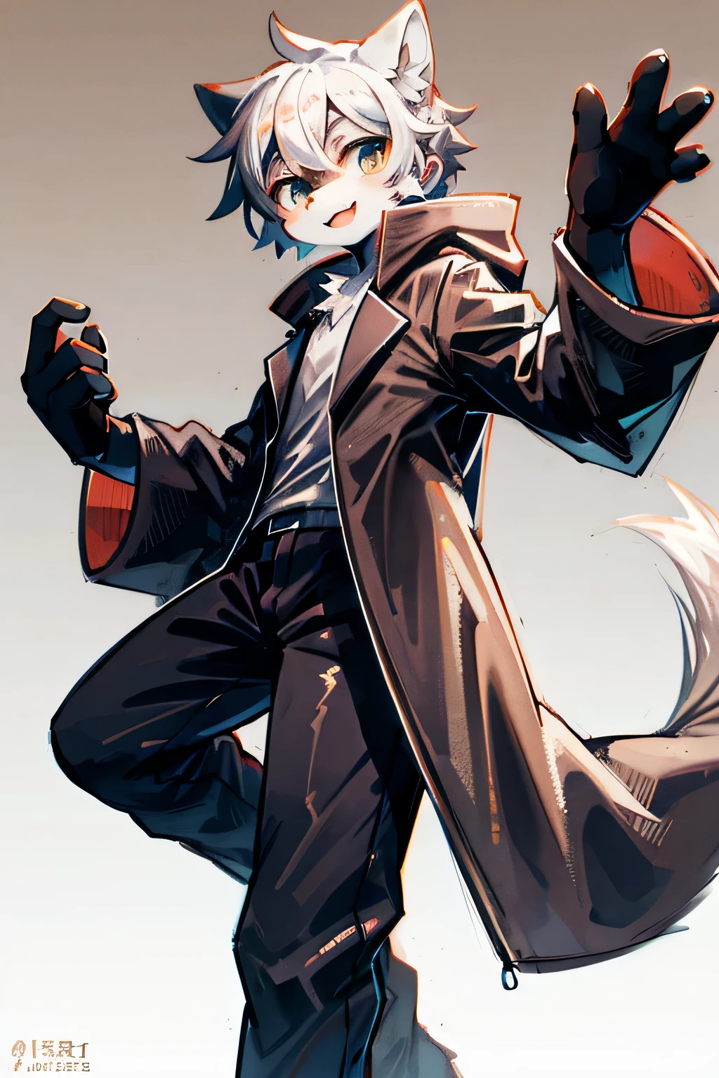 Japanese style male furry character，The coat color is white，The clothes are more fashionable and the colors and furs are well matched，The character is slightly shorter，Normal body shape，Cheerful and natural look