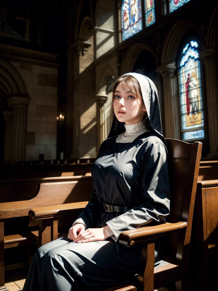 1girl, nun, thickbody, sitting in a chair, detailed ornate church interior, stained glass windows, realistic, photorealistic, HDR, cinematic lighting, dramatic shadows, intricate religious details, elegant and serene atmosphere, warm color tones, masterpiece, best quality, 8k