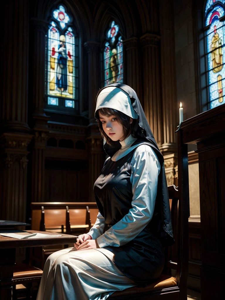 1girl, nun, thickbody, sitting in a chair, detailed ornate church interior, stained glass windows, realistic, photorealistic, HDR, cinematic lighting, dramatic shadows, intricate religious details, elegant and serene atmosphere, warm color tones, masterpiece, best quality, 8k