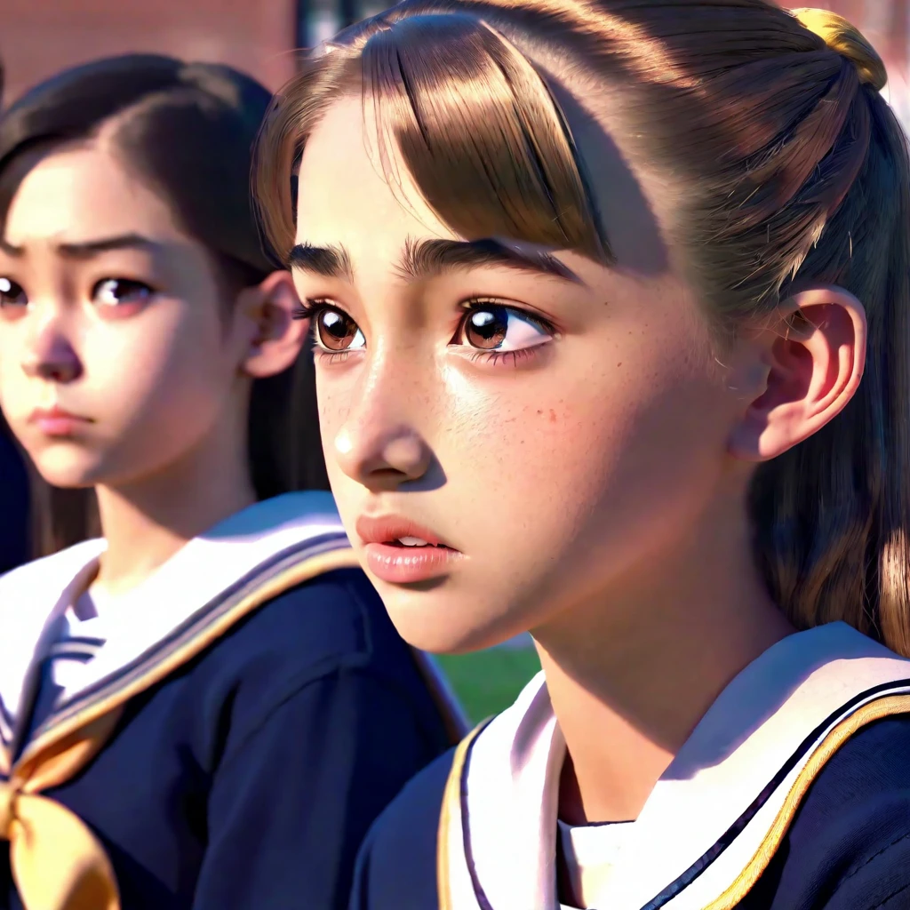 a high school girl in a sailor uniform, a group of students watching, a weak boy being bullied, the mean bully girl doing cruel things to embarrass him, detailed facial features, realistic, photorealistic, 4k, high resolution, cinematic lighting, dramatic atmosphere, muted color palette, gritty urban setting, dynamic composition, masterpiece, ultra-detailed