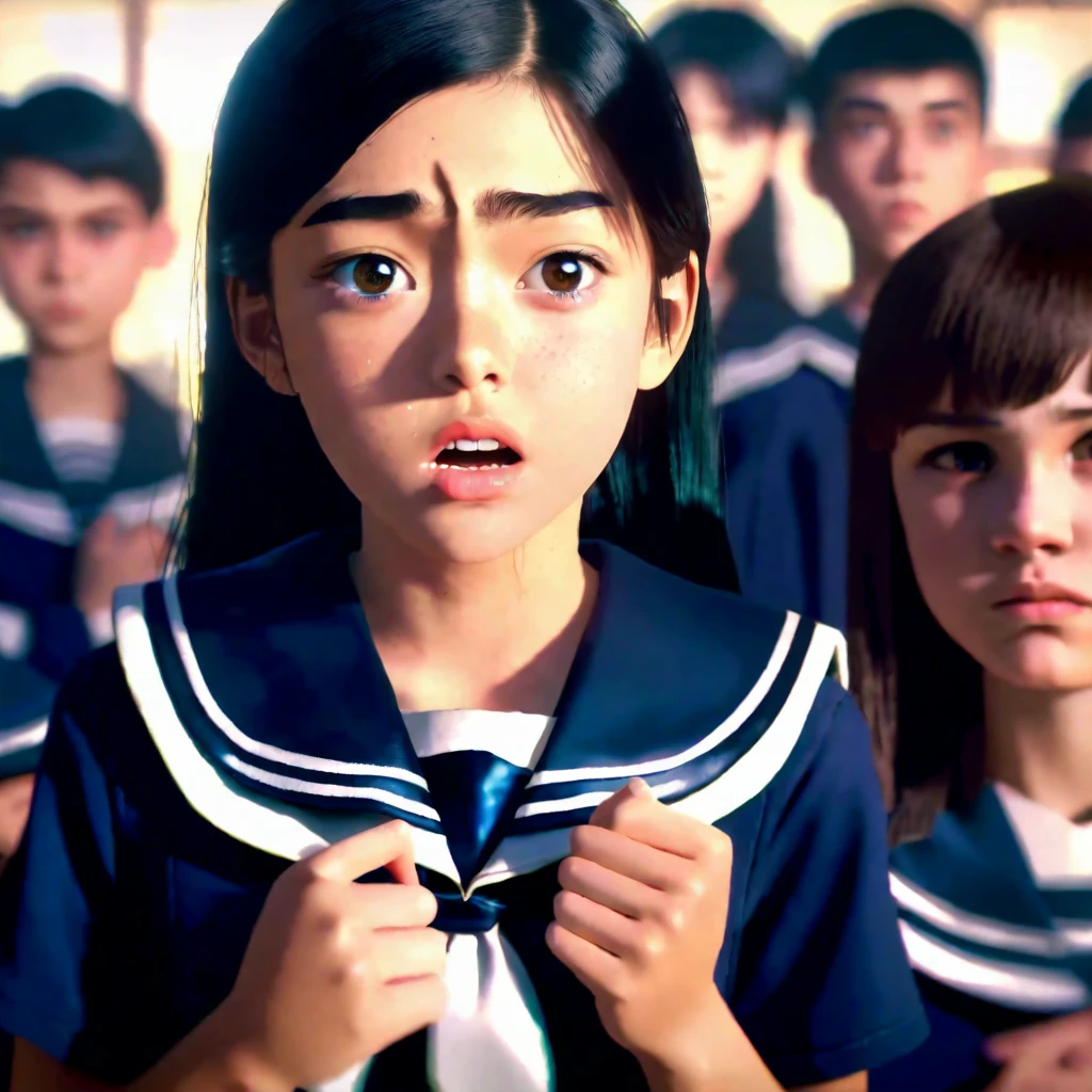 a high school girl in a sailor uniform, a group of students watching, a weak boy being bullied, the mean bully girl doing cruel things to embarrass him, detailed facial features, realistic, photorealistic, 4k, high resolution, cinematic lighting, dramatic atmosphere, muted color palette, gritty urban setting, dynamic composition, masterpiece, ultra-detailed