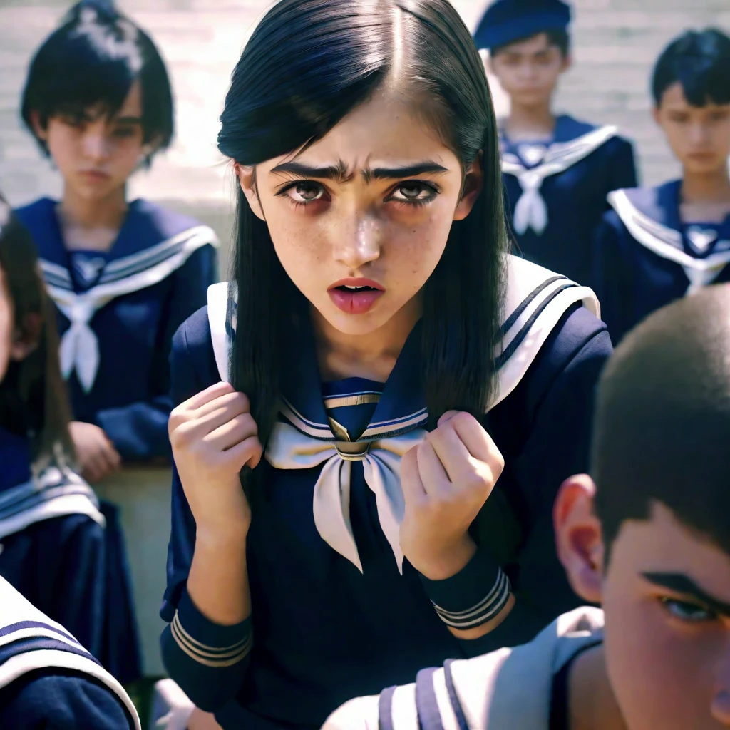 a high school girl in a sailor uniform, a group of students watching, a weak boy being bullied, the mean bully girl doing cruel things to embarrass him, detailed facial features, realistic, photorealistic, 4k, high resolution, cinematic lighting, dramatic atmosphere, muted color palette, gritty urban setting, dynamic composition, masterpiece, ultra-detailed
