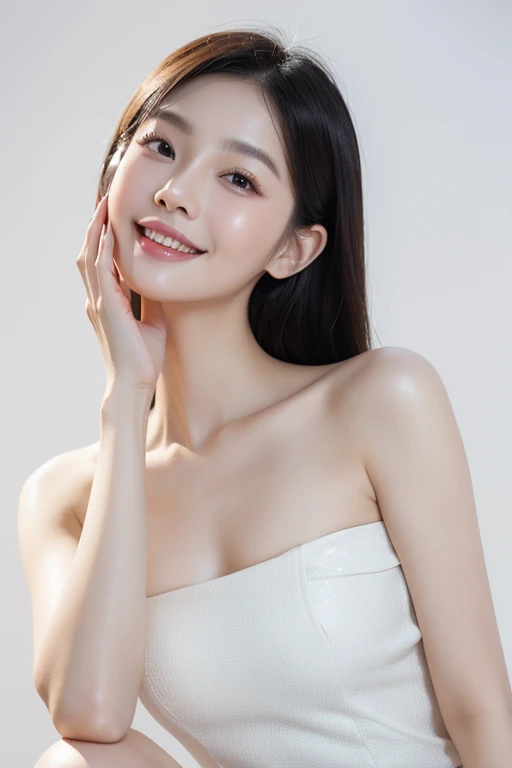 A Chinese Hong Kong beauty，Fashion、Cheerful、Love to laugh，Intellectual，30 years old，Fair and delicate skin，hydrated and shiny，Wearing a white tube top dress，One hand touching the face，Pure white background，For product endorsement