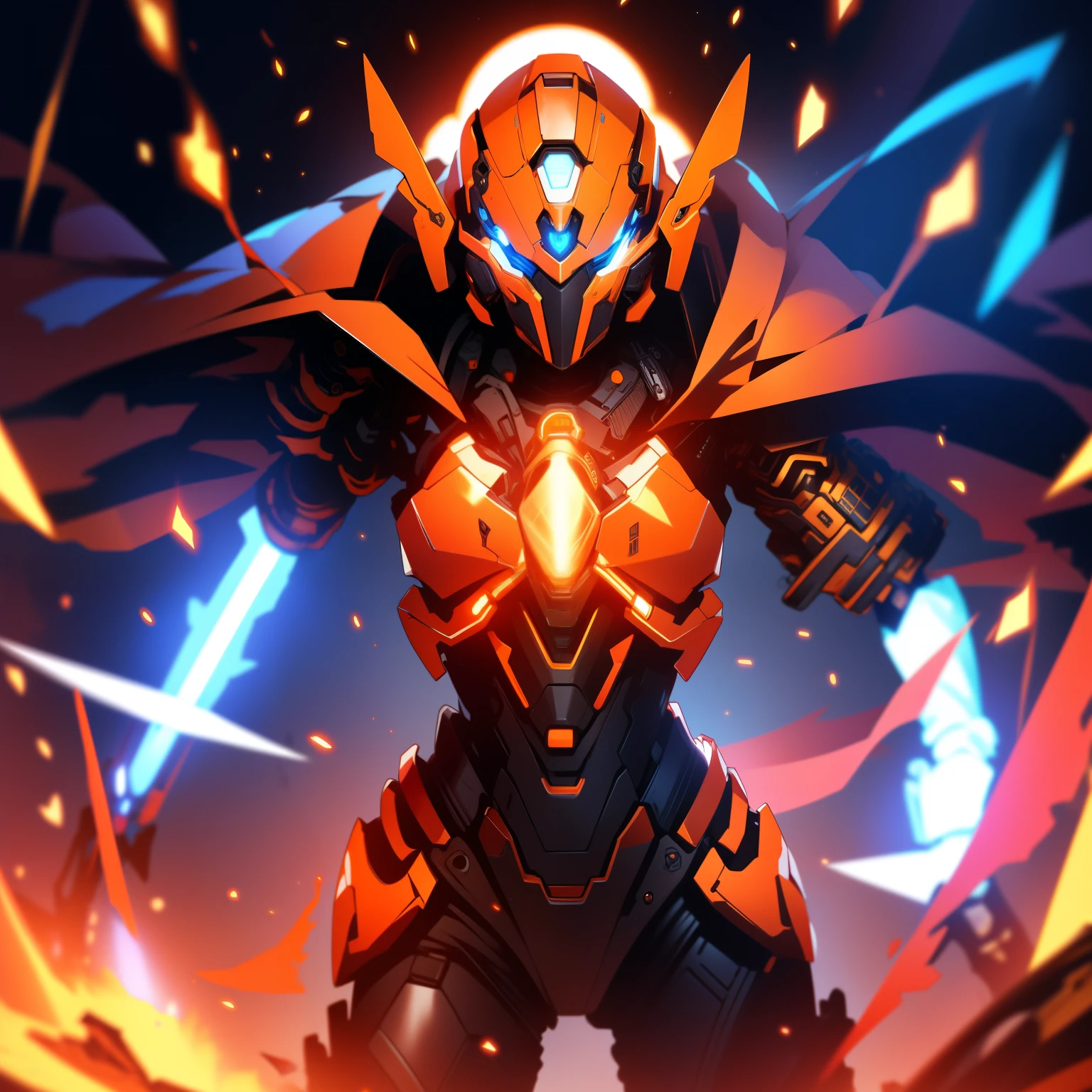 (masterpiece), (best quality), 1girl, sci-fi, ultra detailed armor, exoskeleton, Orange armor, robotic armor, futurism art, perfect anatomy, perfect body, perfect eyes, ultra detailed hair, head gear, in the dark, cinematic, (blue glowing eyes), portrait, close-up shot, eyes focus