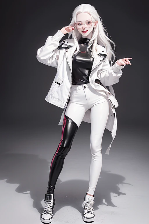 (full body:1.4),(black clothing), Cute 18 yo (albino:1.4)woman of Slavic descent.(short:1.1), , long white hair, gray eyes, ((very pale:1.4)). Innocent look. Gentle spirit.(virgin), (joy:1.2),(smile:1.3). (Playful:1.2). Mascara, eyeglasses, red lipstick, Leather jacket, sheer lace top, Tight leather pants, pink Chuck Taylor All Stars.