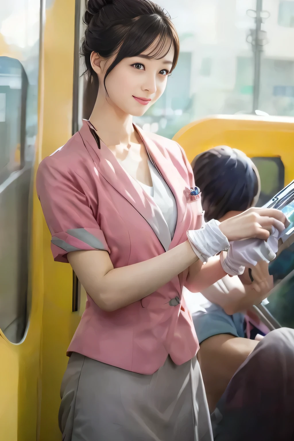 (masterpiece:1.2, highest quality:1.2), 32K HDR, High resolution, (alone、1 girl)、(On the rooftop of a building in the daytime、Professional Lighting)、Building rooftop background、(Nankai train crew uniform pinkを着たリアルスタイル)、(Nankai train crew uniform pink short sleeve pink jacket、Nankai Train Crew Uniform Pink Collarless Short Sleeve Blouse、Nankai Train crew uniform pinkのグレー色のキュロットスカート)、Dark brown hair、(Hair tied up、Hair Bun、Hair Bun)、Dark brown hair、Long Shot、Big Breasts、Thin legs、((Great hands:2.0)),((Harmonious body proportions:1.5)),((Normal limbs:2.0)),((Normal finger:2.0)),((Delicate eyes:2.0)),((Normal eyes:2.0)))、smile、(Nankai Train crew uniform pinkのグレー色のキュロットスカートを見せた美しい立ち姿)、Put your hands down、I have nothing in my hands