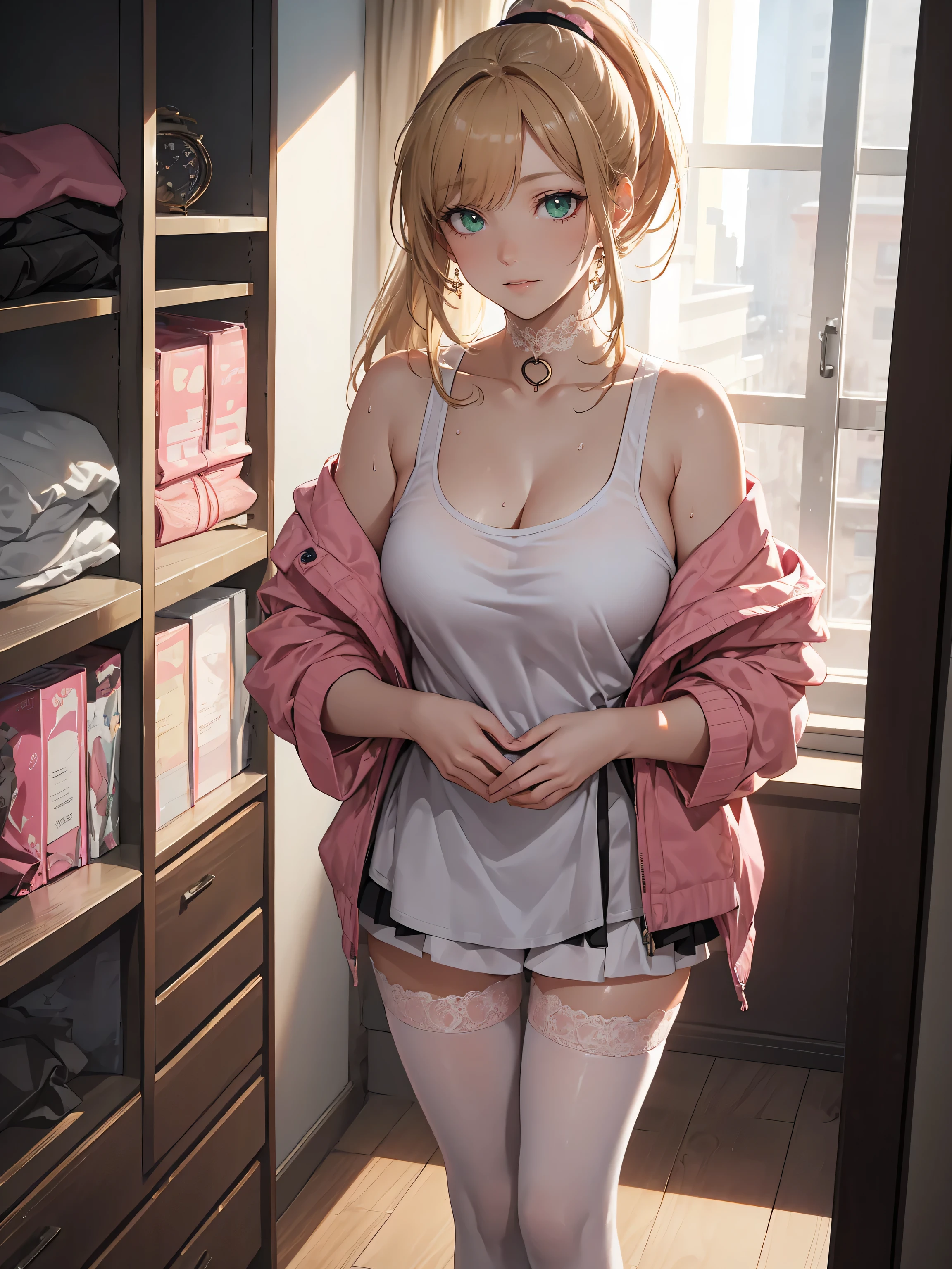 (1 woman:1.5,solo:1.5),
30 years old,
(very young woman:1.2),
perfect fingers,
nice hands,
perfect hands,
femenine hands,
good hands,
beautifully shaped nose,
break,
(white and pink theme:1.4),
break,
(choker:1.3),
see-through,
tank-top,
(light pink tank top:1.1),
collarbone,
bare arms,
white pleated miniskirt,
(lace Zettai ryoiki:1.3),
break,
(standing),
(skirt tug),
(v arms),
(hands on thighs:1.4),
(clasp),
(fullbody:1.2),
break,
detailed eyes,
(beautiful green eyes:1.4),
model,
break,
extremely detailed hair,
(ponytail:1.5),
(long hair:1.3),
(straight hair:1.3),
shiny hair,
(blonde hair with light brown tips hair:1.3),
(blunt bangs),
break,
(MEDIUM HUGE BREAST:1.1),
(GIGANTIC HUGE HIP:0.6),
saggy breasts:1.2,
pendulous breasts,
realistic breast physics,
(hanging breasts),
break,
(pale skin:1.1),
(gleaming skin:1.3),
(sweat:1.1),
weat:1.3,
oily skin,
shamefull,
(blush,smile:0.8),
break,
(masterpiece),
(best quality),
(very high resolution),
(professional anime),
beautiful lighting,
super fine illustration,
insanely detailed,
beautiful detailed,
beautiful detailed face & eyes,
beautiful detailed body,
beautiful detailed skin,
8K,
beautiful girl,
pretty girl,
(depth of field:1.2),
break,
(indoors),
(mansion),
(apartment:1.5),
(closet:1.3),
