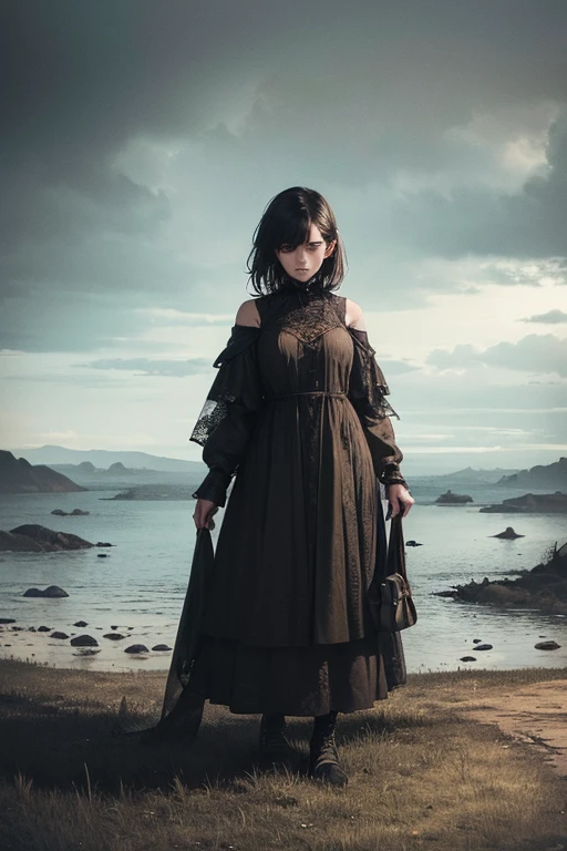 a surreal, unsettling world, twisted and chaotic, 1girl, beautiful detailed eyes, beautiful detailed lips, extremely detailed eyes and face, long eyelashes, wearing a tattered dress, standing amidst a desolate, distorted landscape, strange and twisted flora, dark and ominous clouds in the sky, ominous lighting, (best quality,4k,8k,highres,masterpiece:1.2),ultra-detailed,(realistic,photorealistic,photo-realistic:1.37),dark fantasy, horror, surreal, dramatic lighting, moody colors, gloomy atmosphere