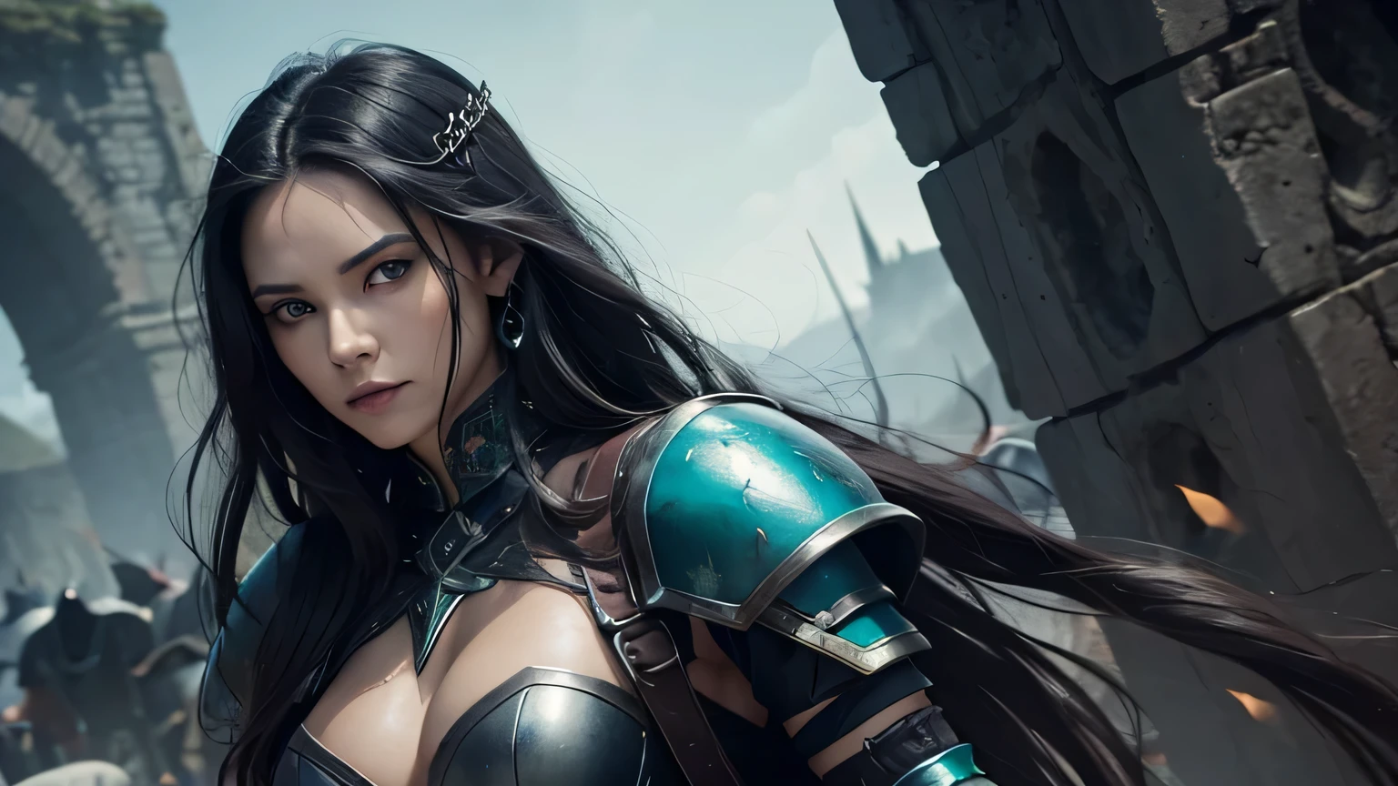 Gothic woman, viking, long black hair, dreadlocks, intense red eyes, slight smile, beautiful and defined body, tan skin, on a battlefield, she wears blue armor with bright green touches.