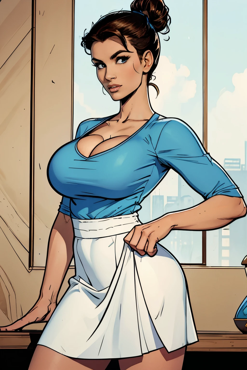 Gorgeous and sultry busty athletic (happy) brunette with sharp facial features, athletic bun, large breasts wearing a loose light blue top, low-cut wide neck, loose sleeves, white skirt