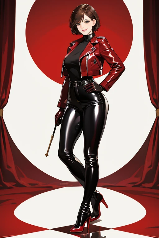 A short-haired mature woman with brown hair wearing a black leather jacket, black patent leather pants, red patent leather knee-high boots and red patent leather gloves smiling gently in a love hotel