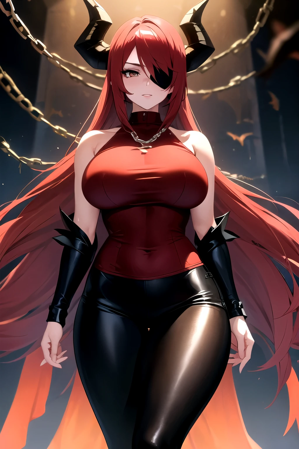 woman, 50 years old, half dragon, anime style, red hair with black highlights, it is well-lengthened and curved at the ends, with an eye patch over one of the eyes and a pair of black horns. big thighs and black pants along with some chains and thorns on her clothes 