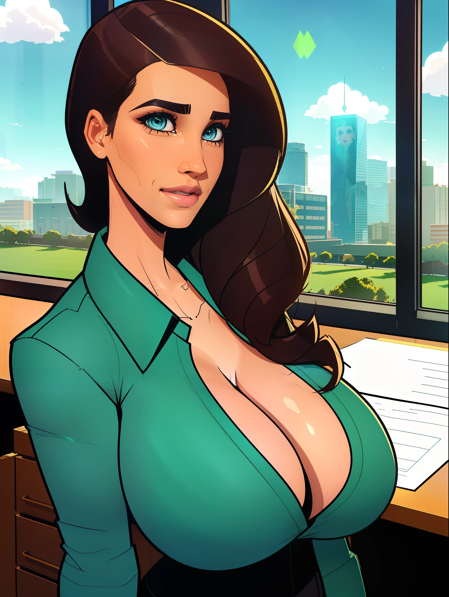 Extremely busty brunette secretary, college girl, fair skin, green eyes, loose updo, (((large nose))), soft face, athletic, huge boobs, warmly lit office, windows, blue skies