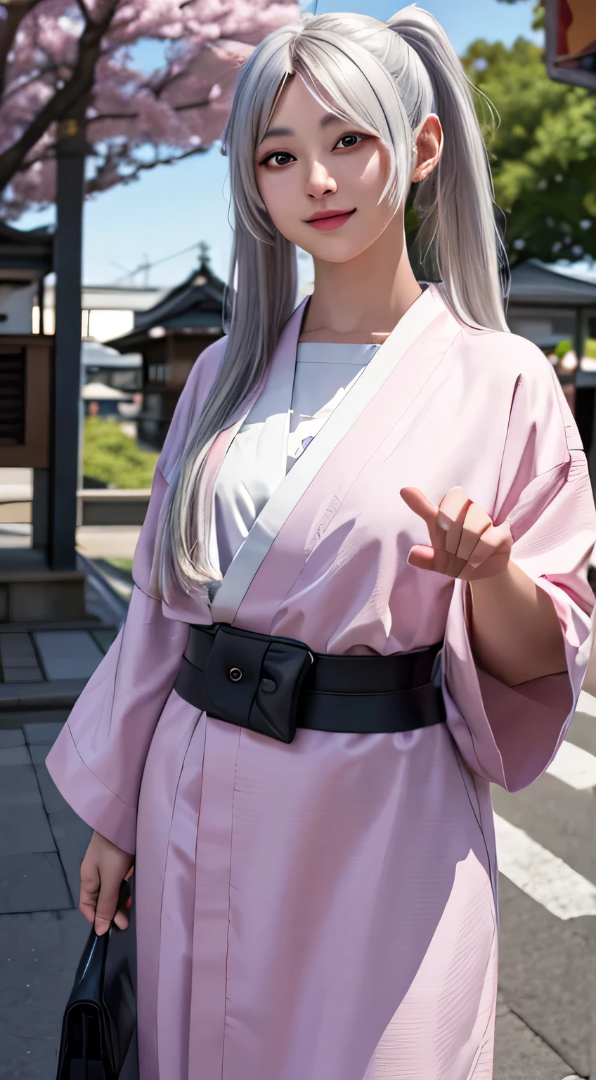 ((live-action:1.2)), 1girl, photo of in real life 8k, A realife adaption by the manga 'Frieren: Beyond Journey's End', hyper realistic graphic, silver hair styled in twin tails, wearing pink kimono, standing on kyoto street, background kyoto and shrine and sakura blossoms tree, looking at the viewer and smile, dramatic sunlight shadow, some people walking, 8k, highres, UHD, ultra hyper realistic, ultra hyper graphic, ultra detail shirt, ultra detail background.