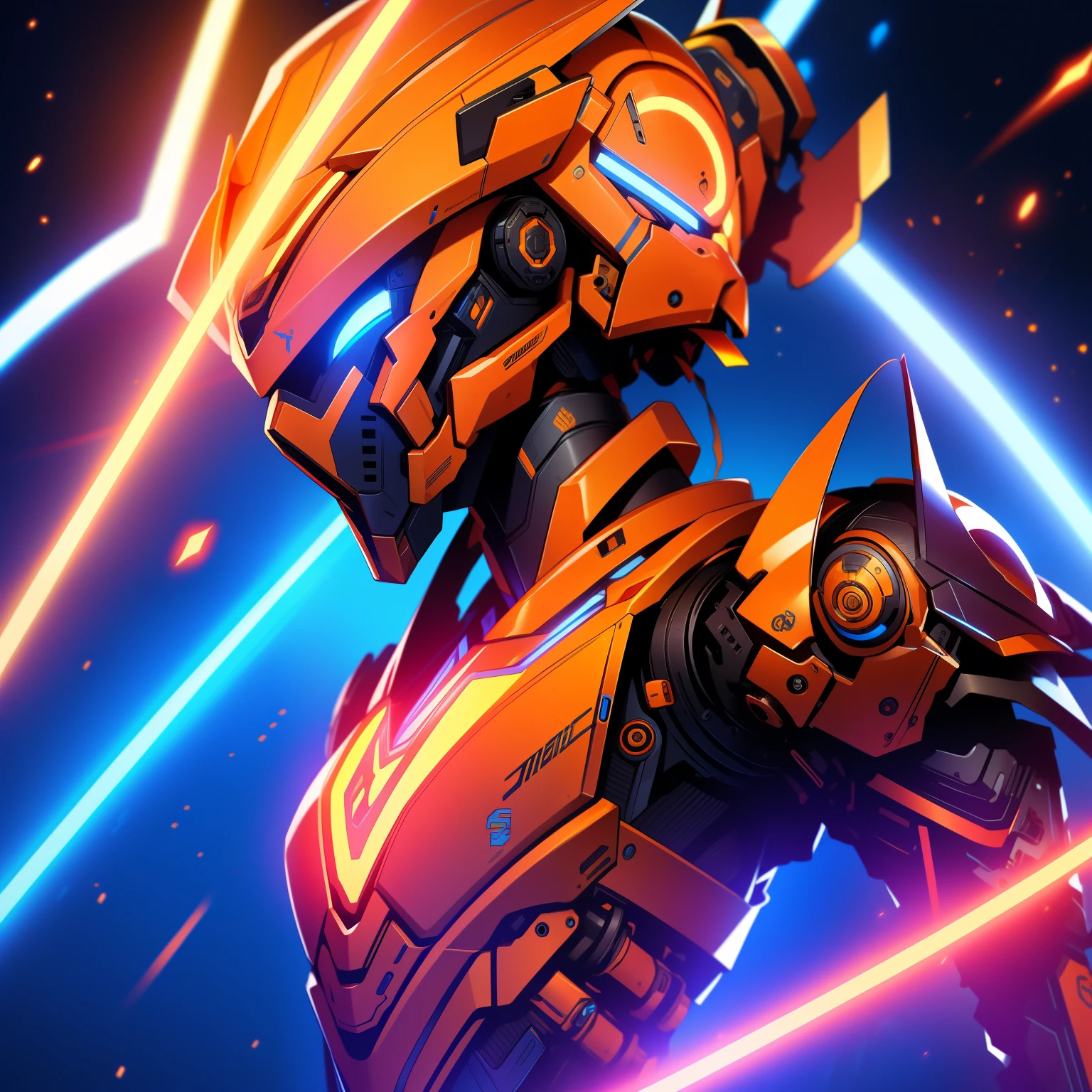 (masterpiece), (best quality), 1girl, sci-fi, ultra detailed armor, exoskeleton, Orange armor, robotic armor, futurism art, perfect anatomy, perfect body, perfect eyes, ultra detailed hair, head gear, in the dark, cinematic, (blue glowing eyes), portrait, close-up shot, eyes focus
