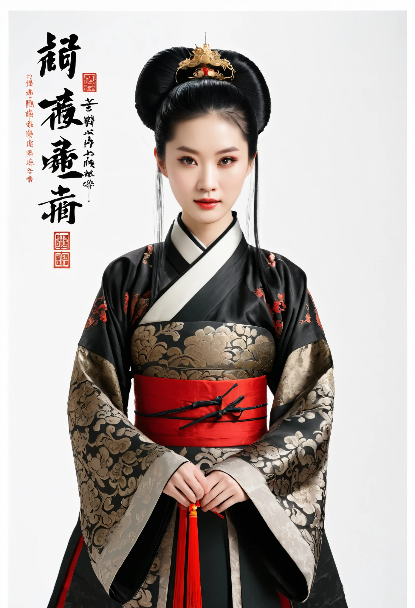 1 girl, woman, good looking, ink, Chinese Armor, ((2.5D)), Black Hair, Floating Hair, Delicate eyes, Antique black and red damask patterned Hanfu, Fob, (f1.8), (masterpiece), (Portrait Shot), Front shot, White Background, (Movie Posters)