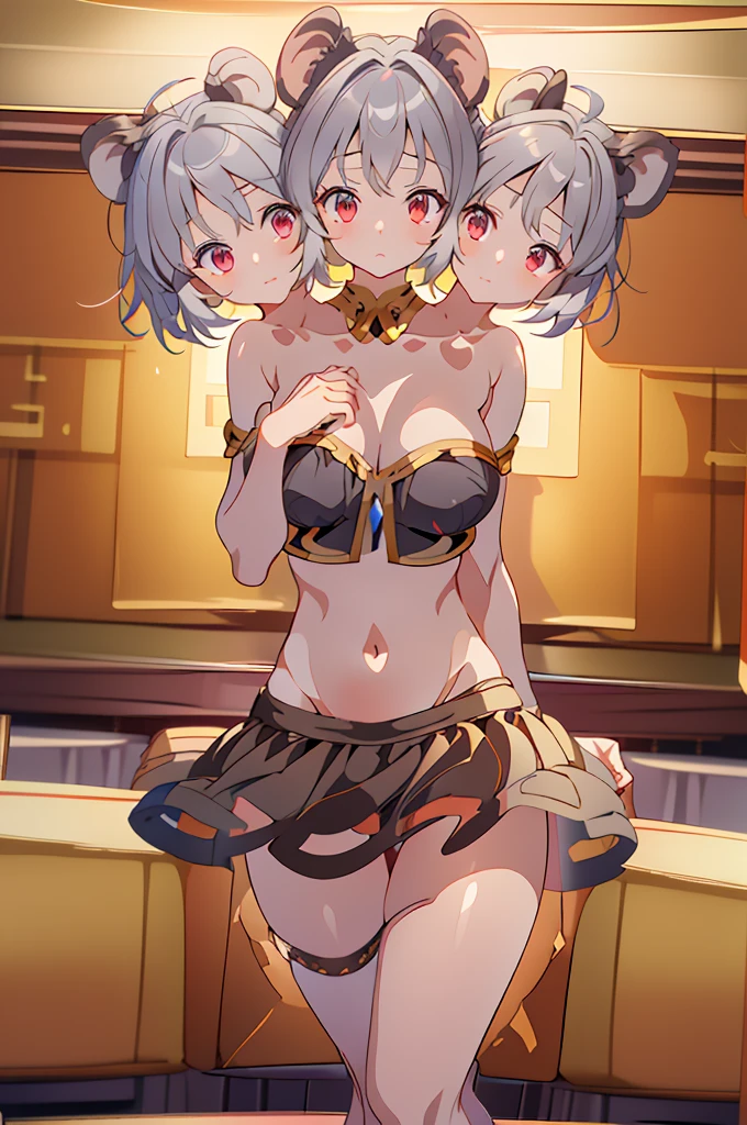(masterpiece, best quality), best quality, (ultra-detailed), (3heads:1.5), 1girl, (nazrin:1.3), masterpiece, best quality, ultra quality, ultra resolution, ultra detail, brownish-black top, crop top, ((stomach)), midriff, ((groin)), brownish-black skirt, normal ears, shackles, grey hair, very long hair, wavy hair, sidelocks, brown eyes, very detailed eyes, parted lips, single horn, sweat, cute, toned belly, hand on own chest, eyelashes, (24 year old woman:1.3), (masterpiece:1.5), (best quality:1.5), (beautiful detailed), extremely detailed CG, extremely delicate and beautiful, depth of field, (finely detailed face), (perfect details:1.3), (mature female:1.3), wide pelvis, slender, large veiny breast, 16k resolution, highres, high quality, high definition, extremely detailed, masterpiece, grey hair, long hair, alluring presence, braid, short skirt, close up, big tits, young, mouse ears, mouse tail,